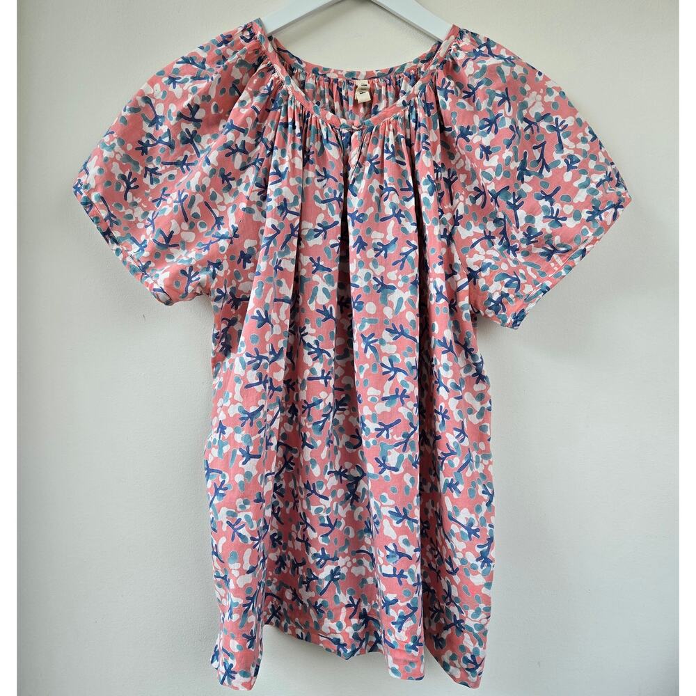 Mirth Geranium Pink Blue Coral Floral Cotton Blouse Top Shirt Women Size Medium